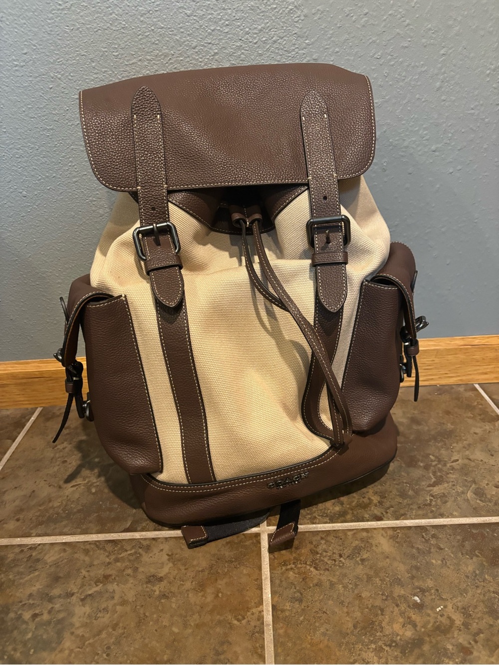 Coach Canvas and Leather Flap Backpack in Cream and Brown